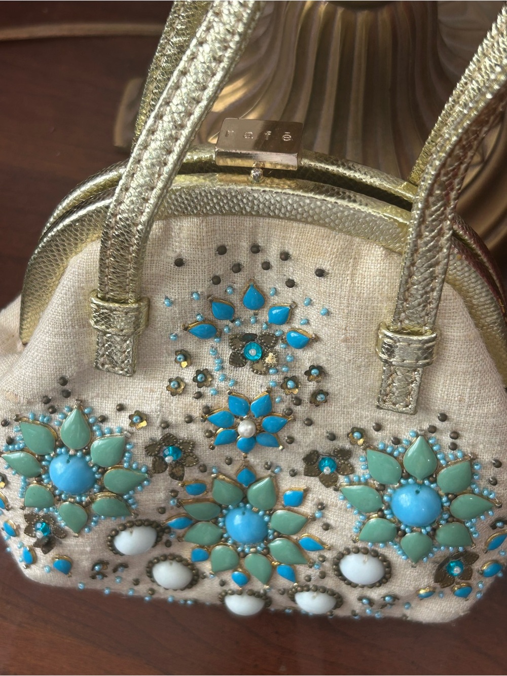 Embellished Turquoise and Cream Mini Handbag with Gold Handles